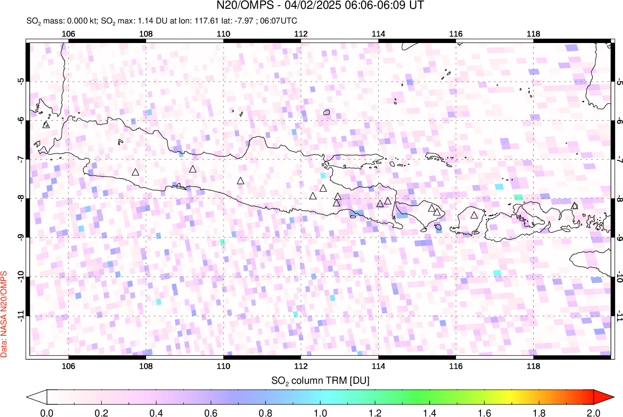 A sulfur dioxide image over Java, Indonesia on Apr 02, 2025.