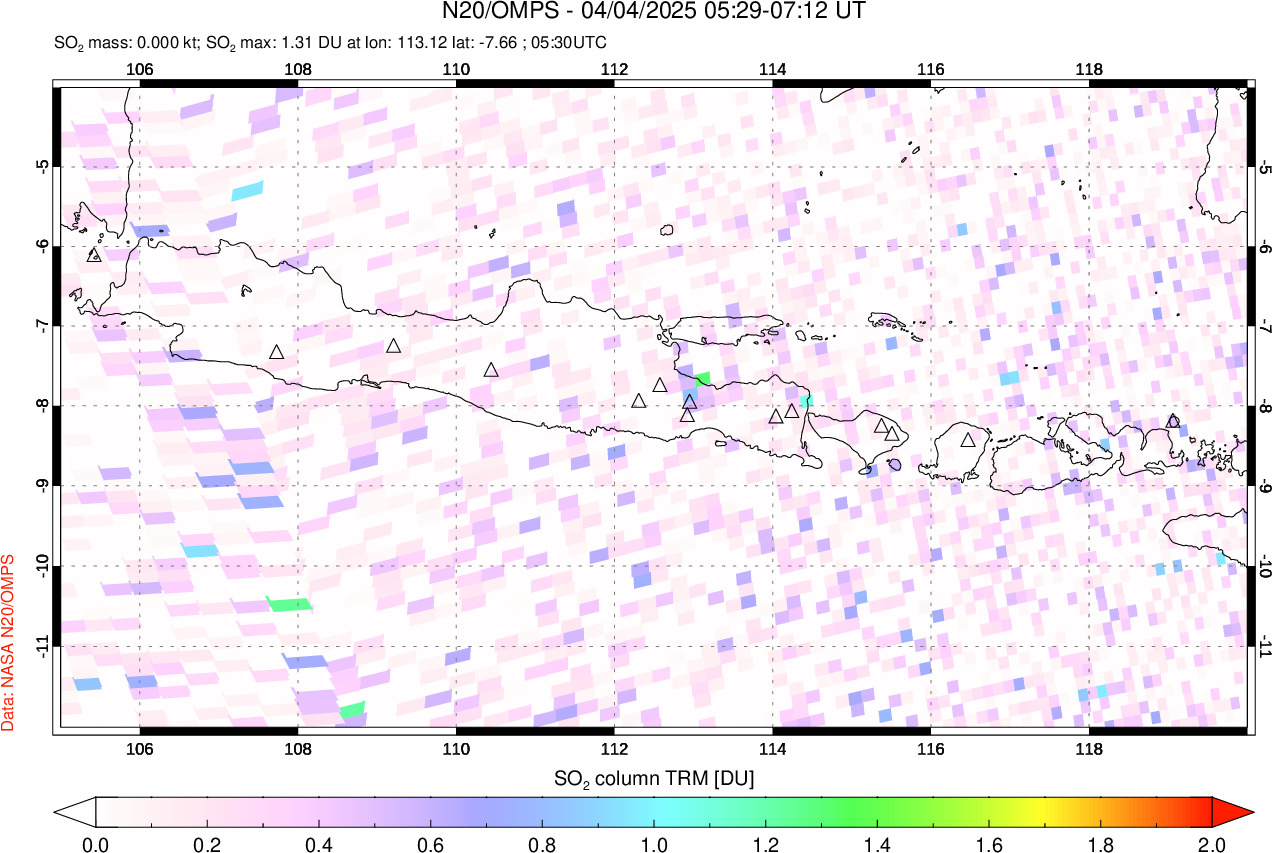 A sulfur dioxide image over Java, Indonesia on Apr 04, 2025.