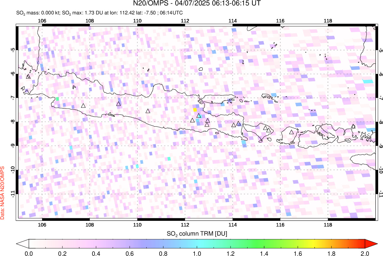 A sulfur dioxide image over Java, Indonesia on Apr 07, 2025.