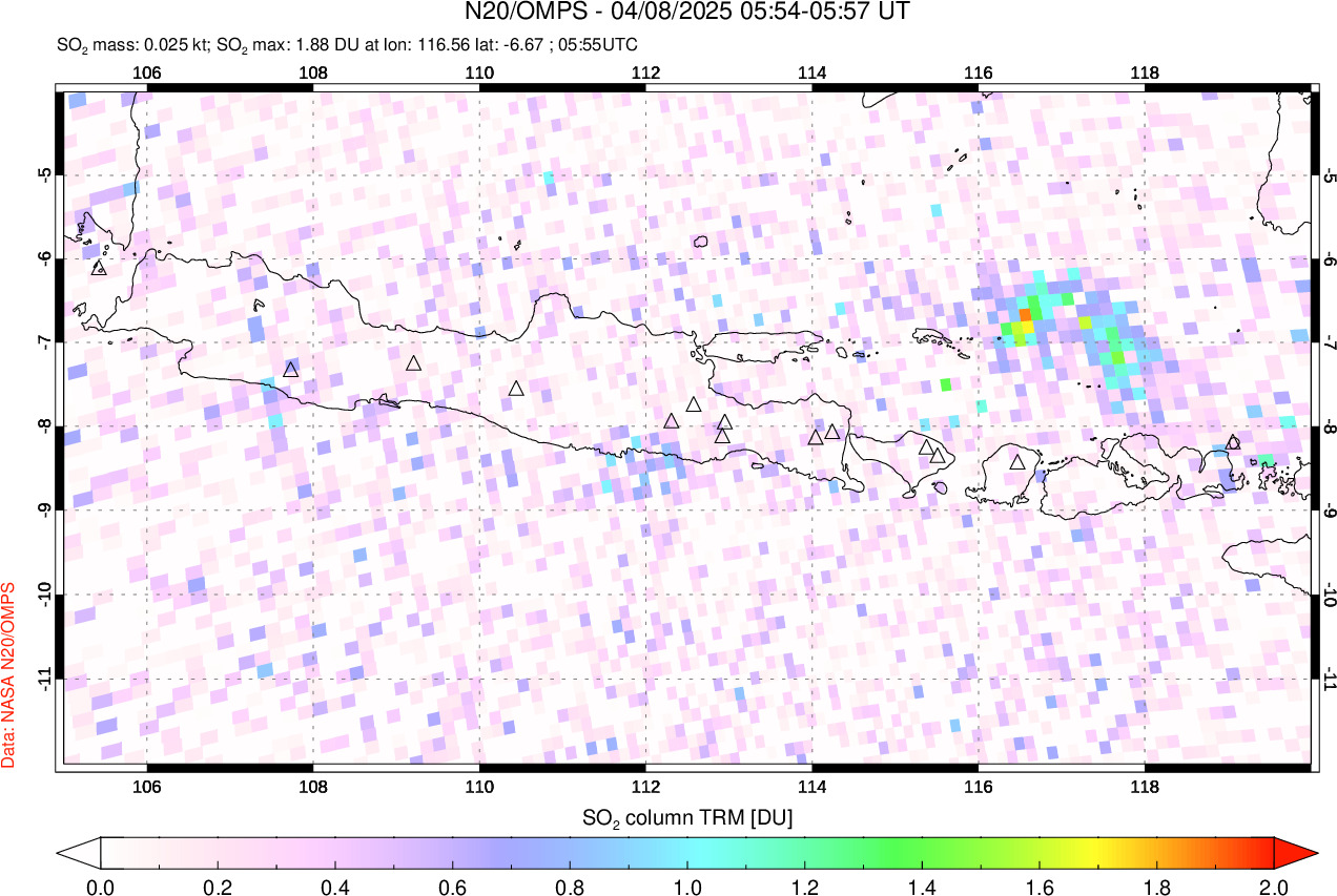 A sulfur dioxide image over Java, Indonesia on Apr 08, 2025.