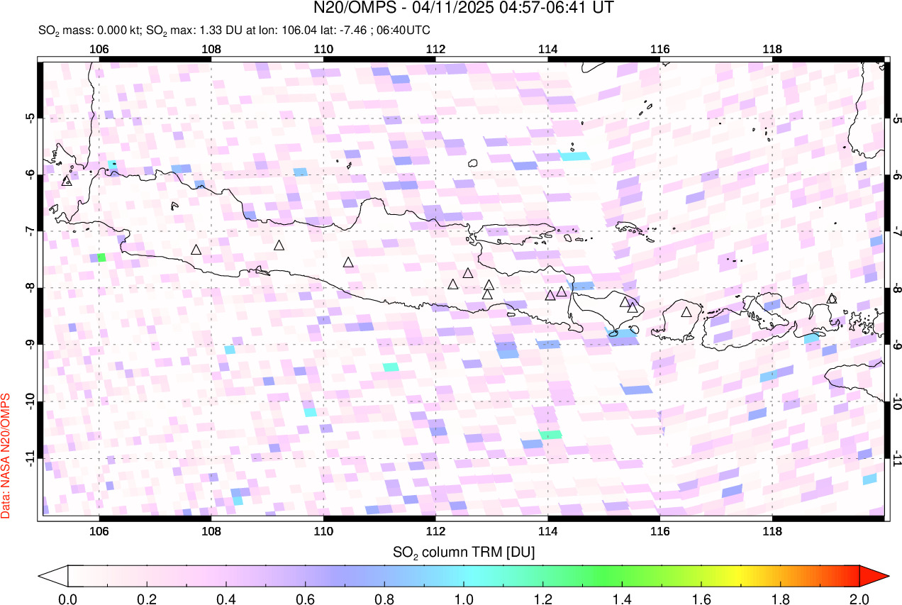 A sulfur dioxide image over Java, Indonesia on Apr 11, 2025.