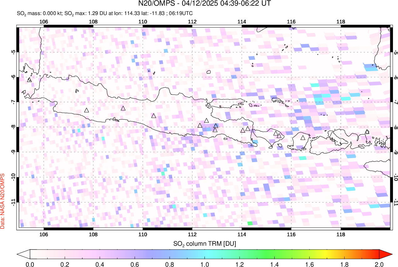 A sulfur dioxide image over Java, Indonesia on Apr 12, 2025.