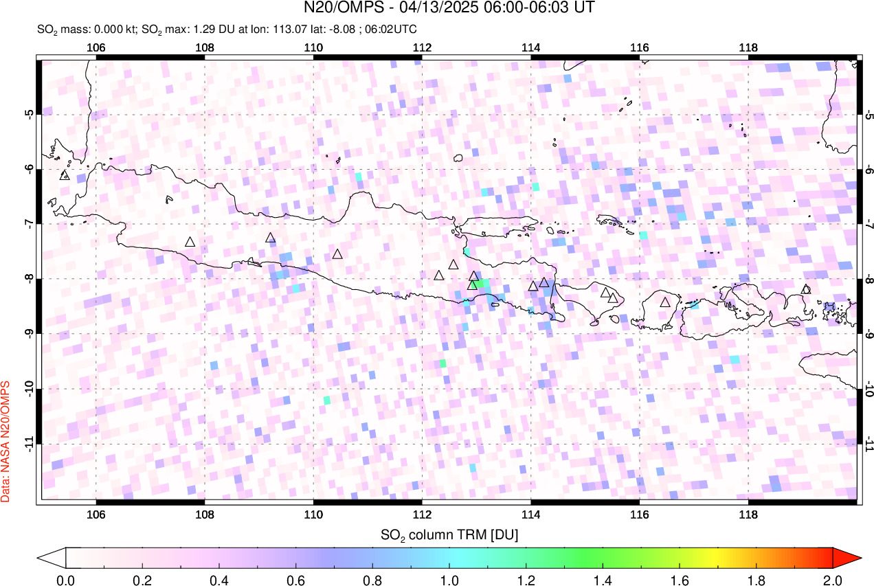 A sulfur dioxide image over Java, Indonesia on Apr 13, 2025.