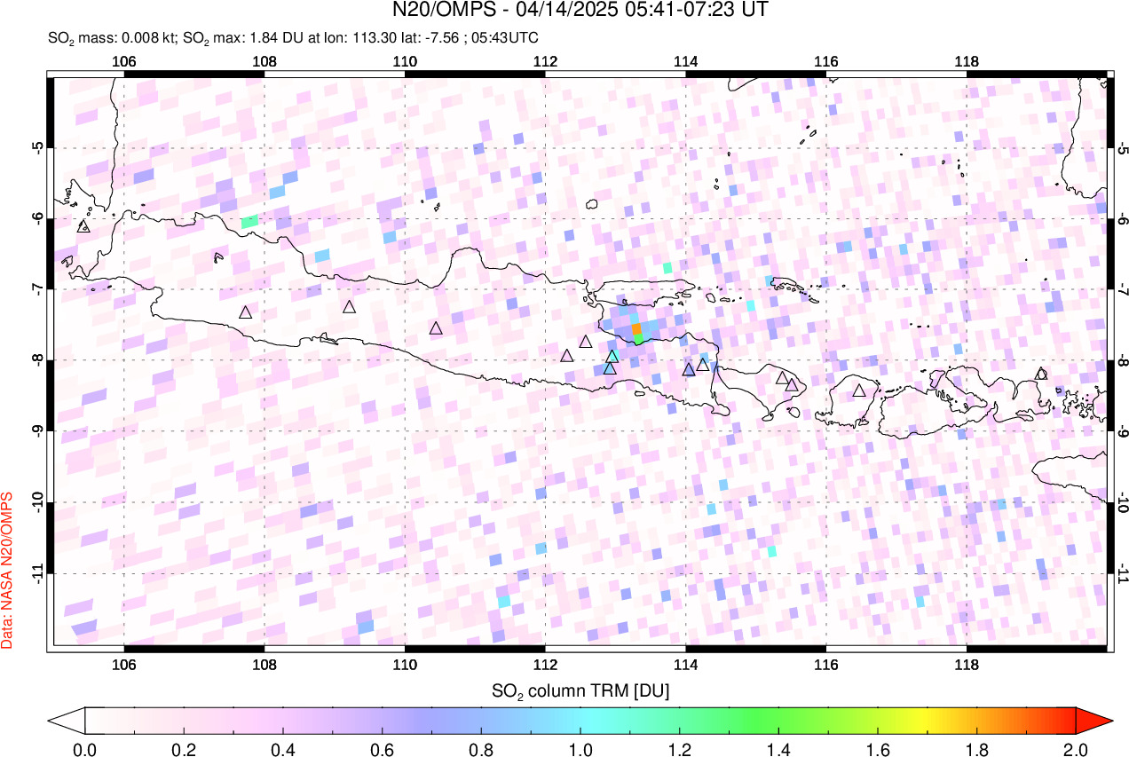 A sulfur dioxide image over Java, Indonesia on Apr 14, 2025.