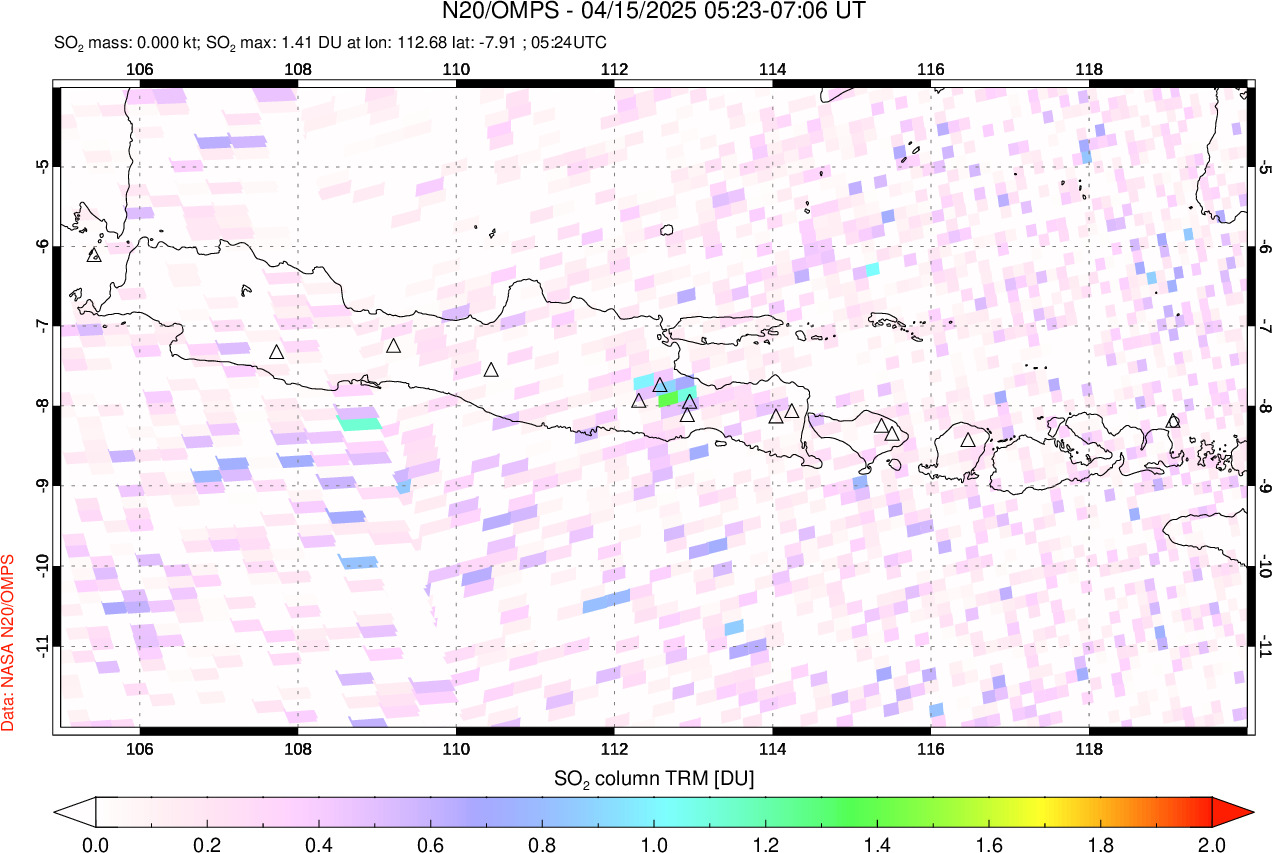 A sulfur dioxide image over Java, Indonesia on Apr 15, 2025.
