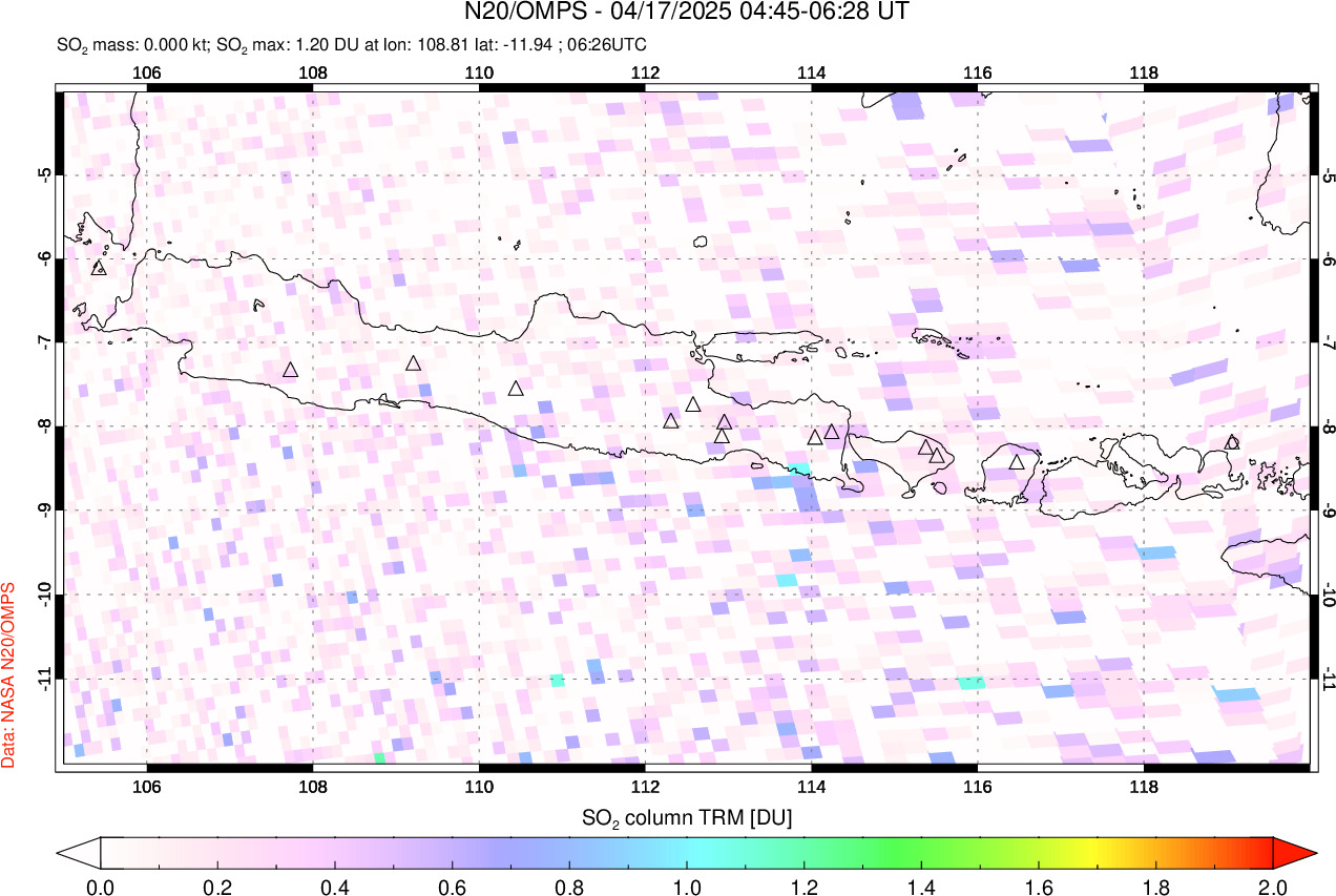 A sulfur dioxide image over Java, Indonesia on Apr 17, 2025.