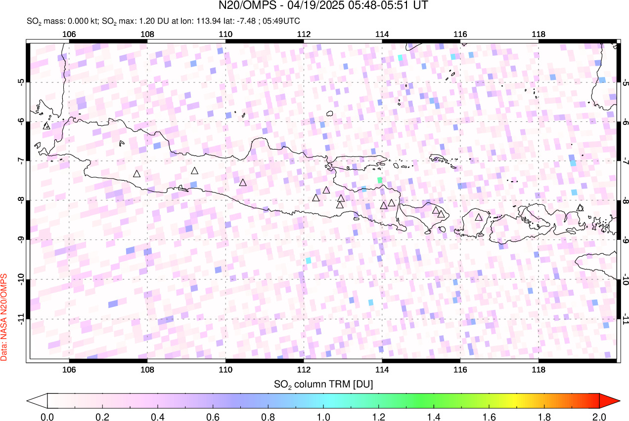 A sulfur dioxide image over Java, Indonesia on Apr 19, 2025.