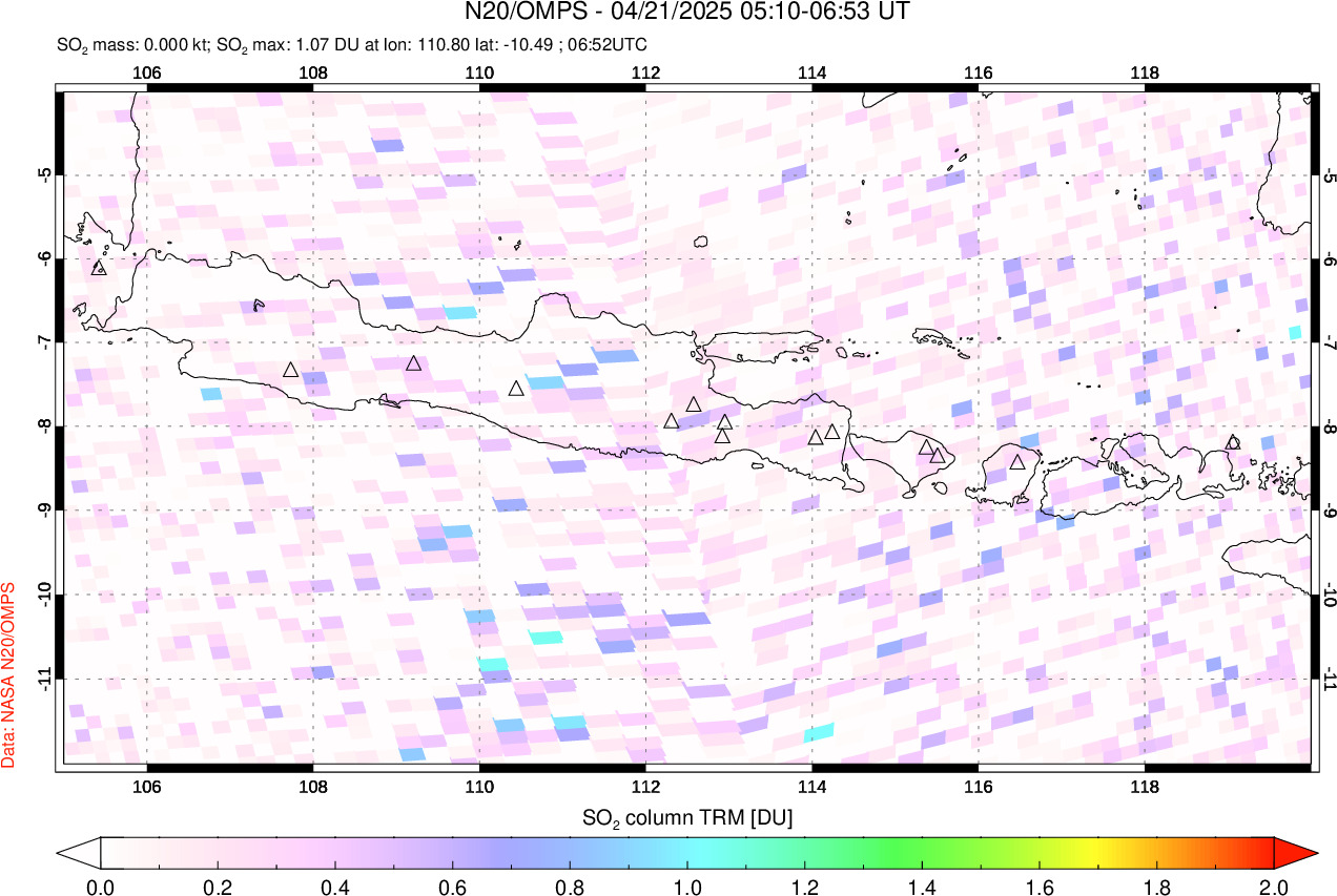 A sulfur dioxide image over Java, Indonesia on Apr 21, 2025.