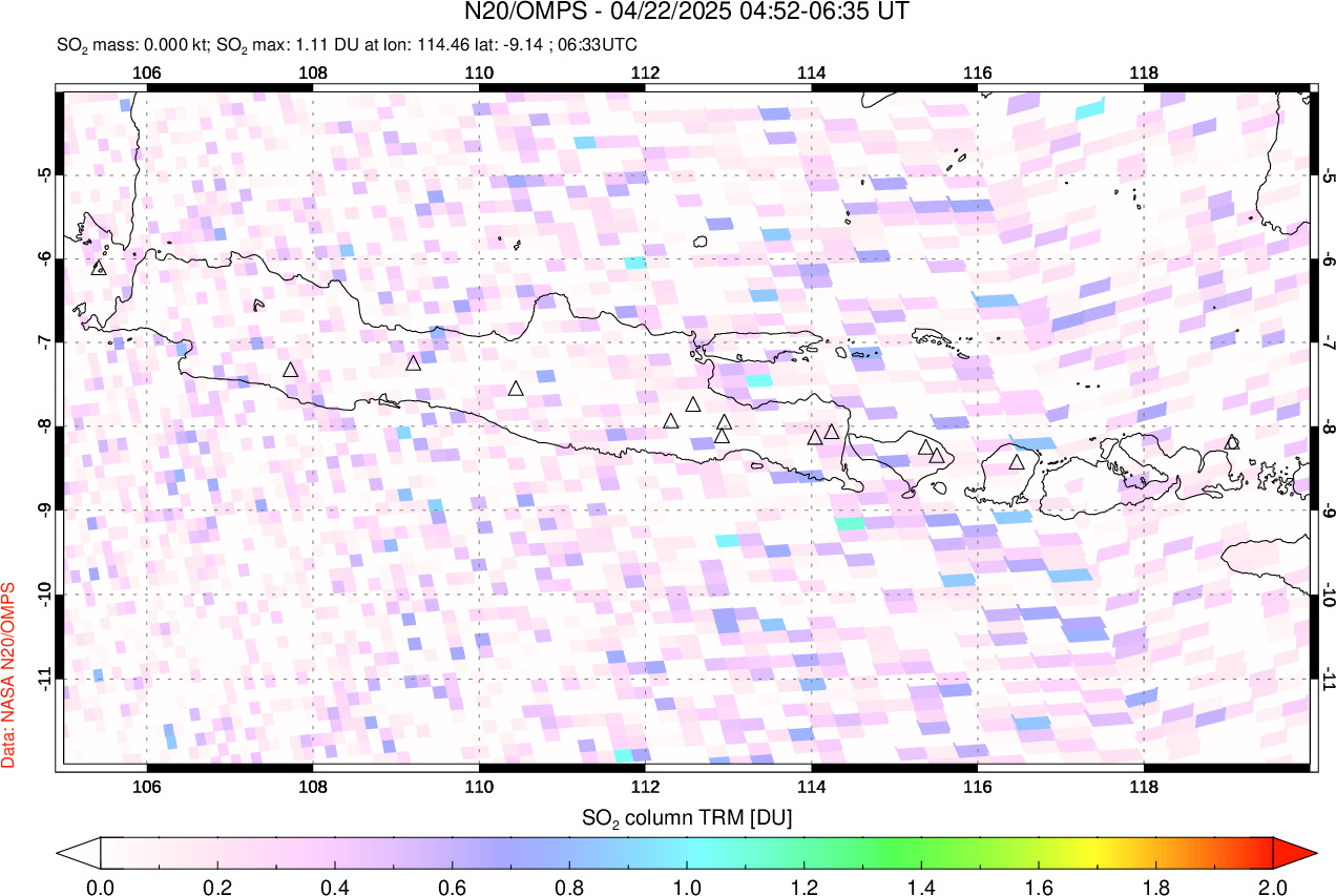 A sulfur dioxide image over Java, Indonesia on Apr 22, 2025.