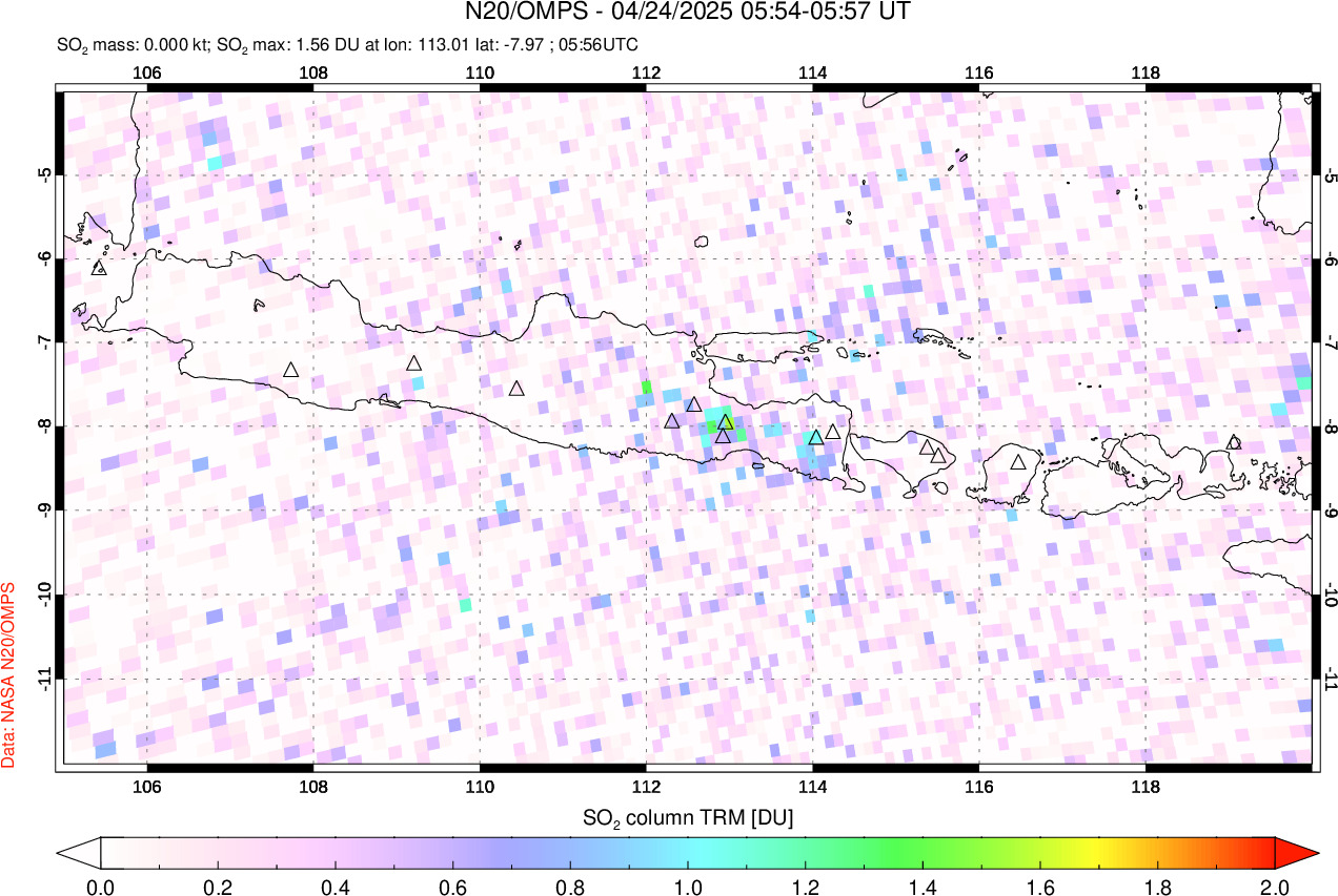 A sulfur dioxide image over Java, Indonesia on Apr 24, 2025.