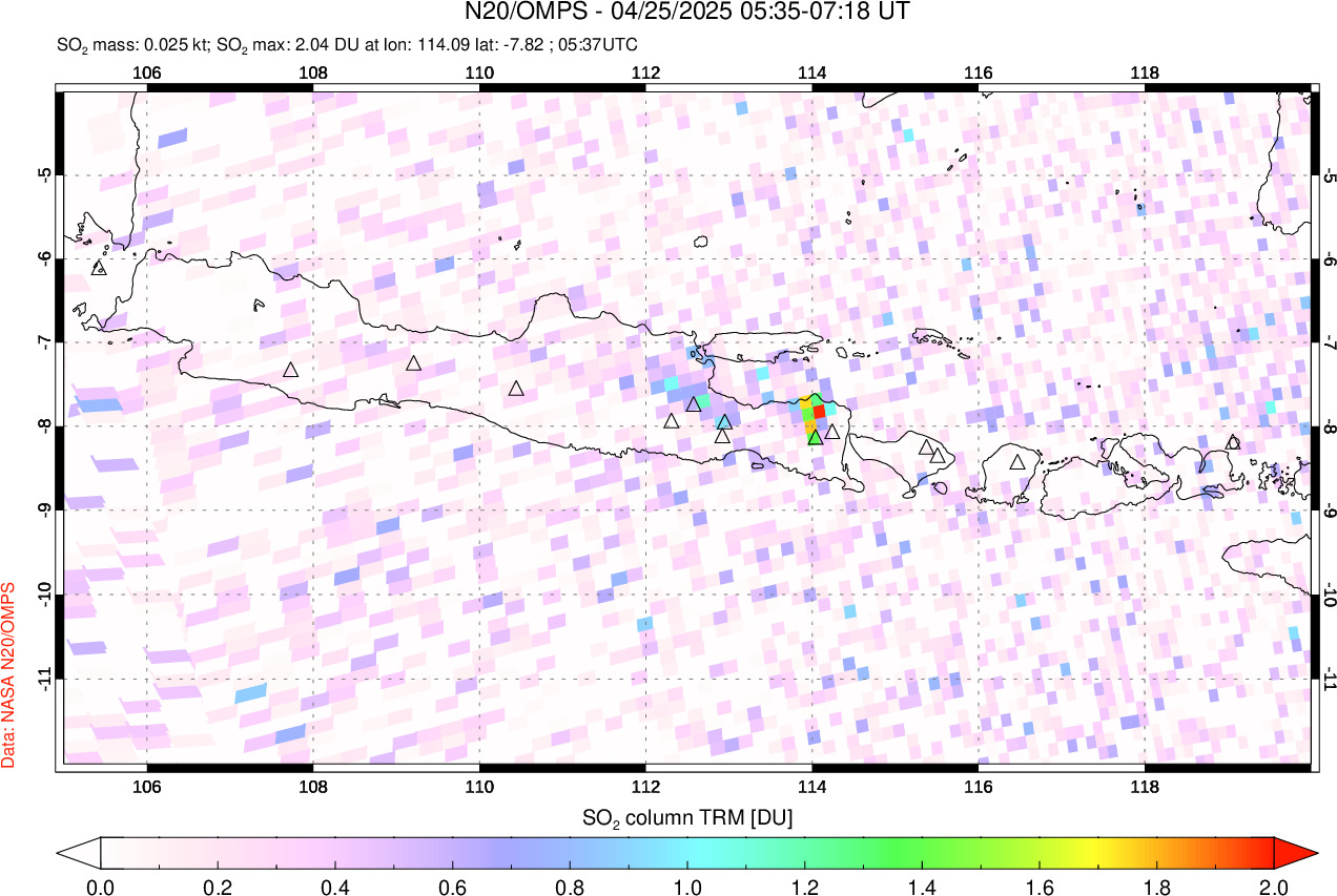 A sulfur dioxide image over Java, Indonesia on Apr 25, 2025.