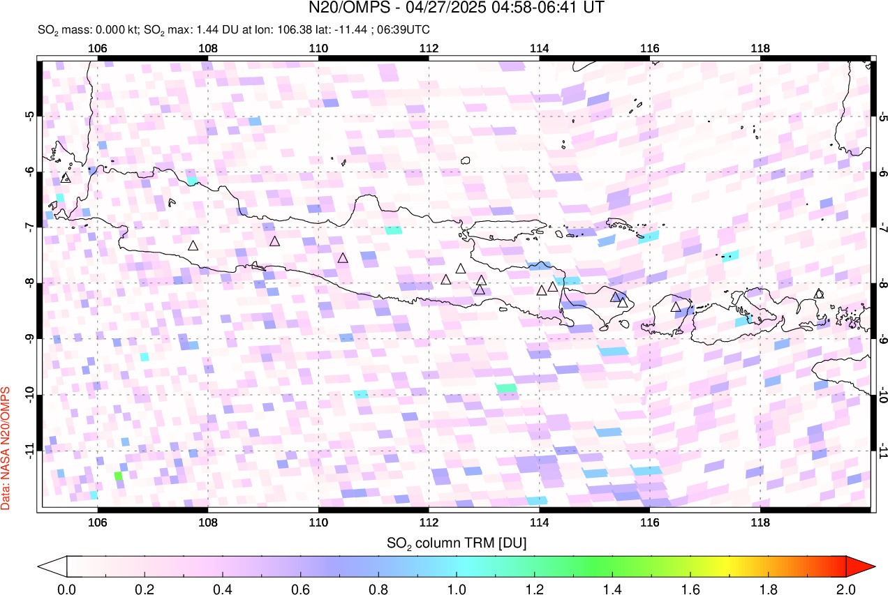 A sulfur dioxide image over Java, Indonesia on Apr 27, 2025.