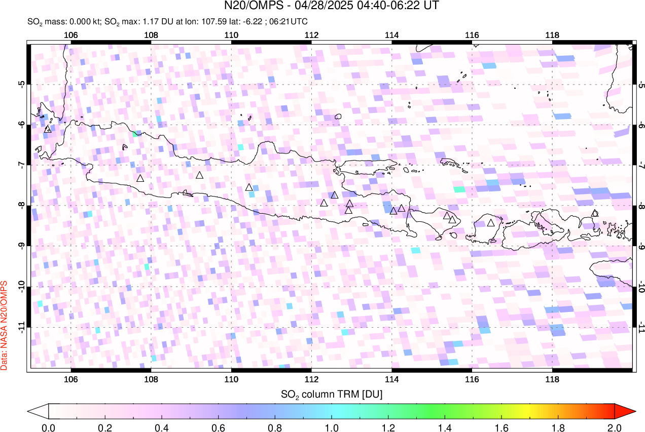A sulfur dioxide image over Java, Indonesia on Apr 28, 2025.