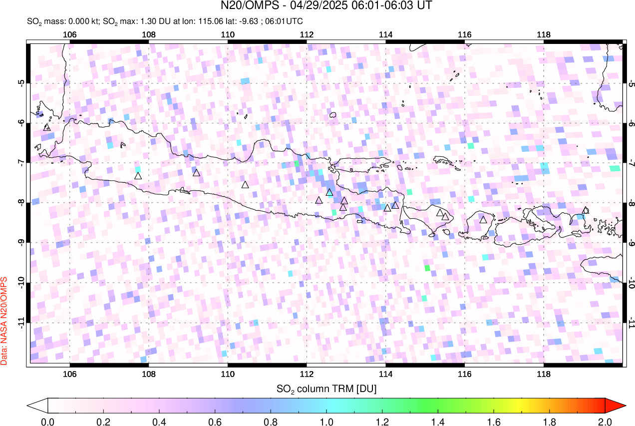 A sulfur dioxide image over Java, Indonesia on Apr 29, 2025.