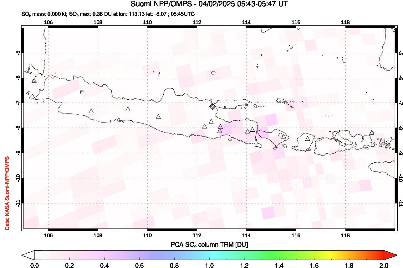 A sulfur dioxide image over Java, Indonesia on Apr 02, 2025.