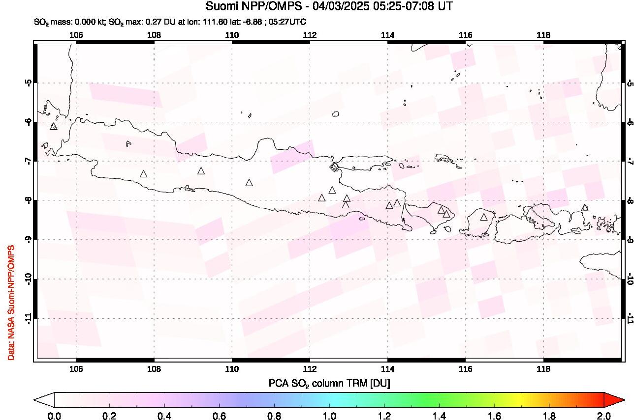 A sulfur dioxide image over Java, Indonesia on Apr 03, 2025.