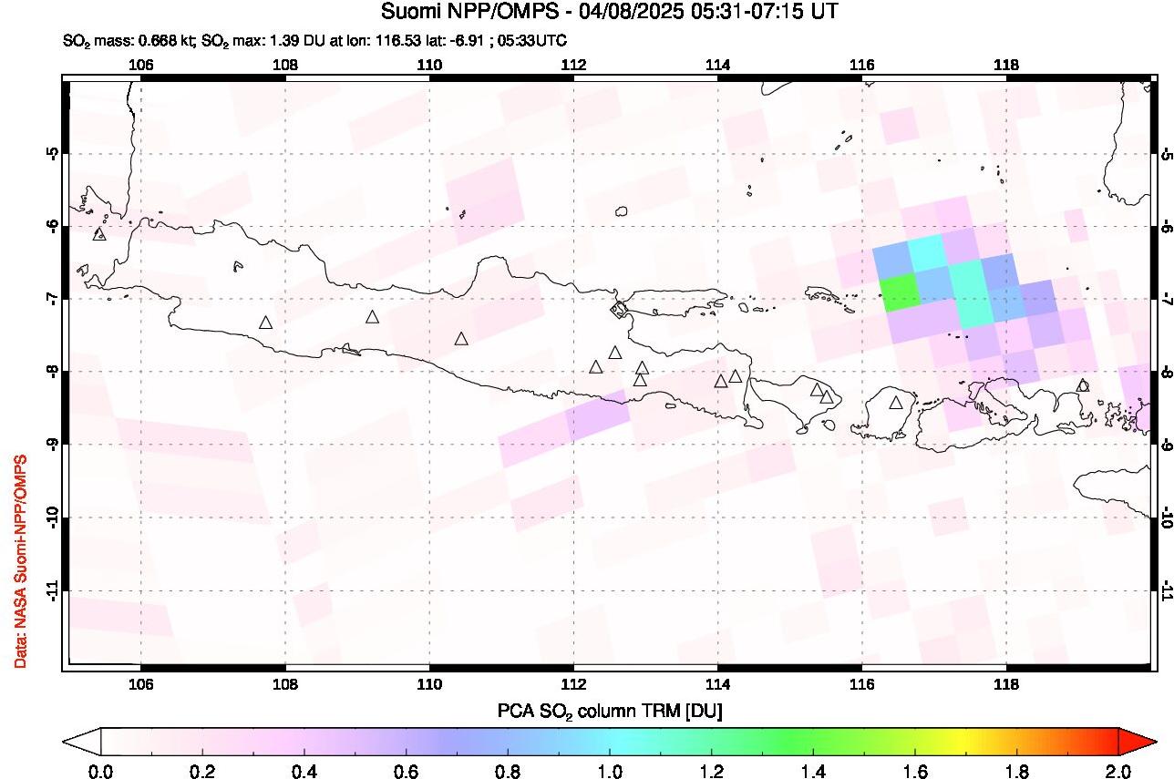 A sulfur dioxide image over Java, Indonesia on Apr 08, 2025.