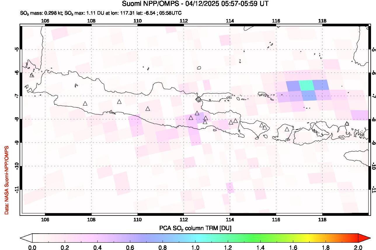 A sulfur dioxide image over Java, Indonesia on Apr 12, 2025.