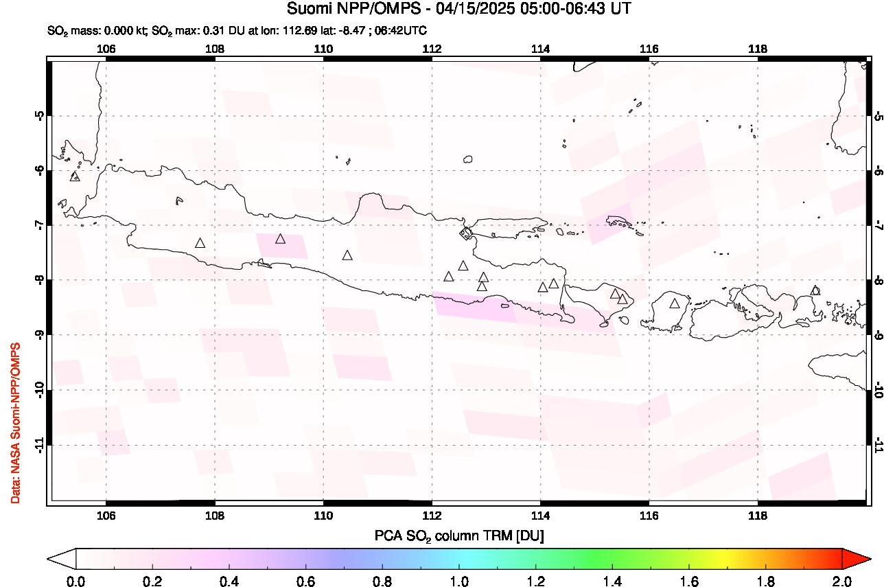 A sulfur dioxide image over Java, Indonesia on Apr 15, 2025.