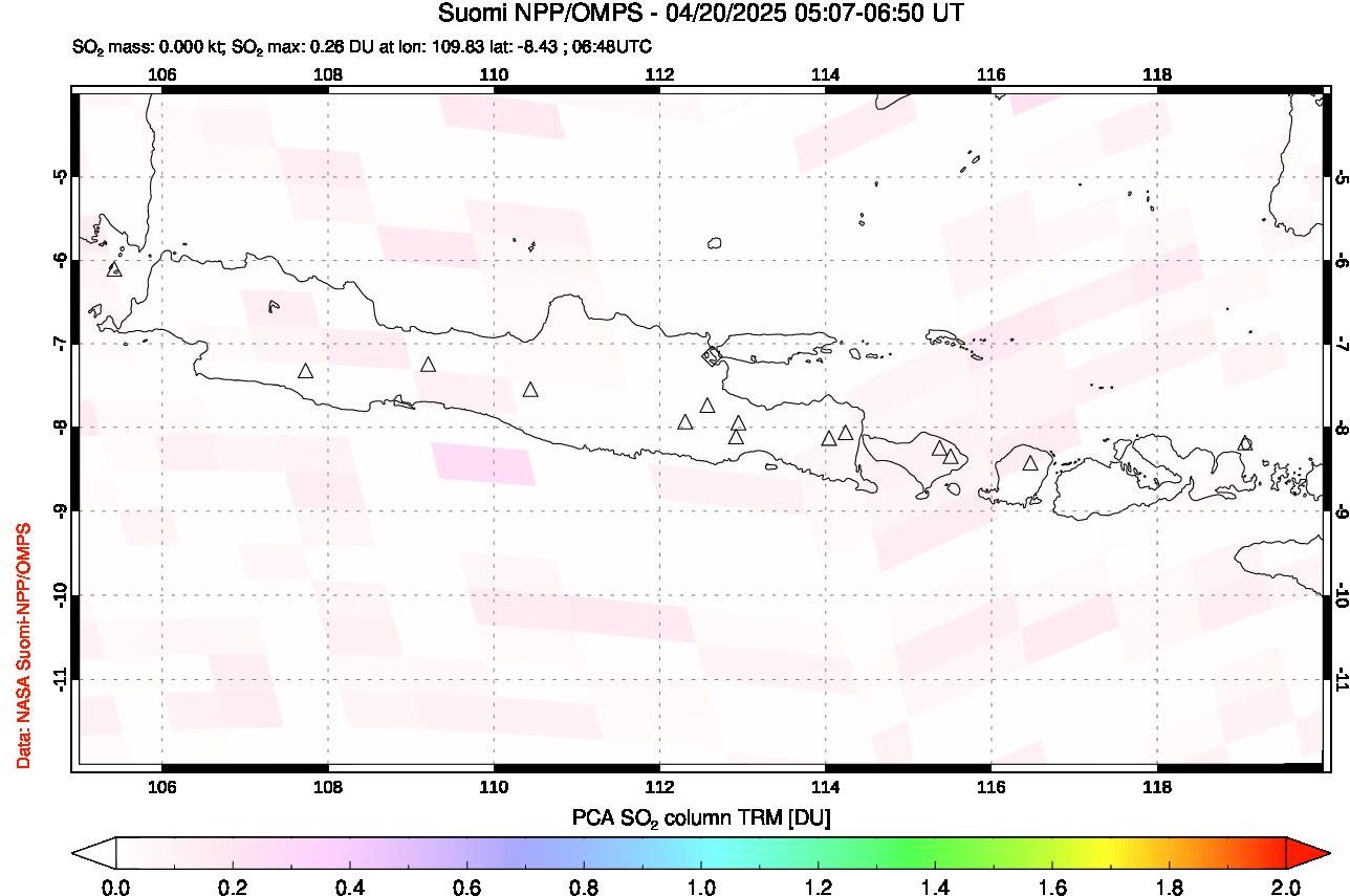 A sulfur dioxide image over Java, Indonesia on Apr 20, 2025.