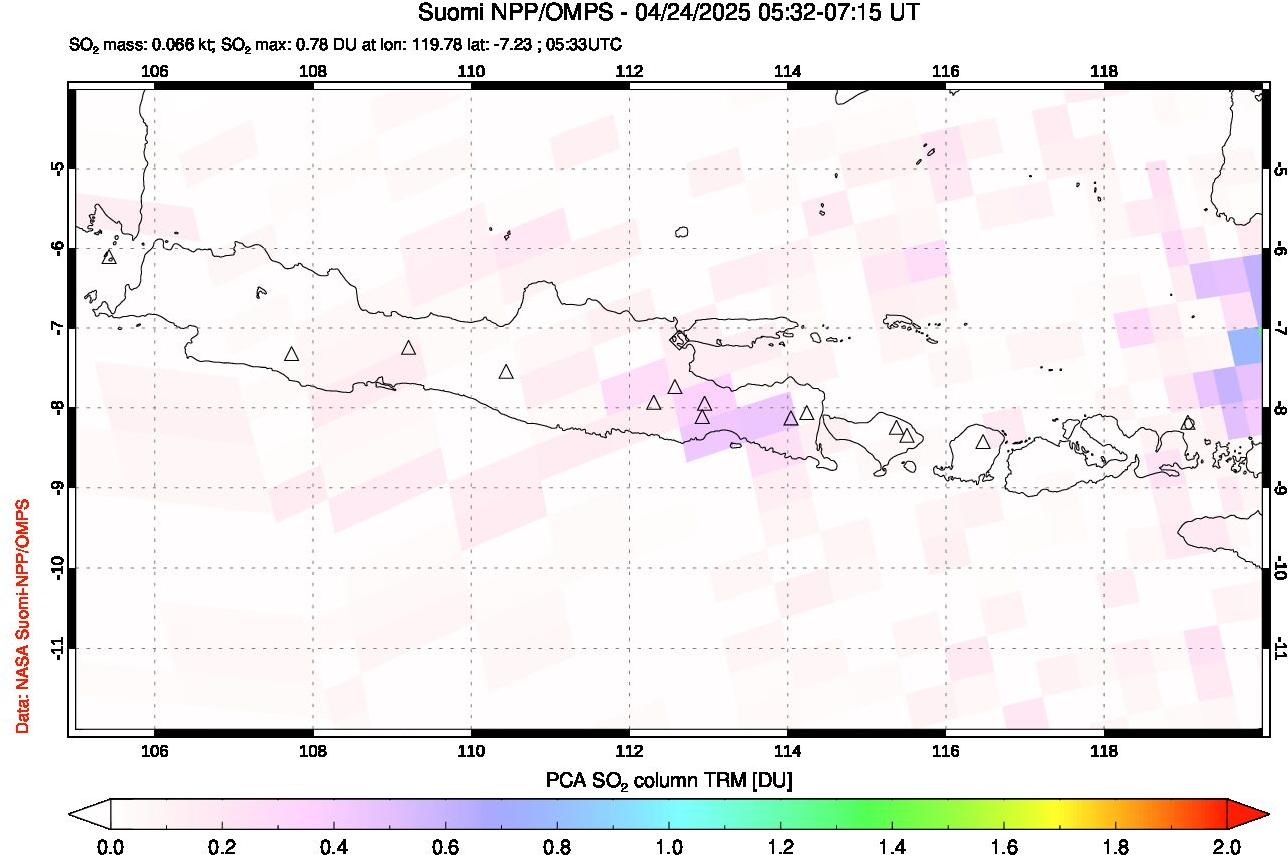 A sulfur dioxide image over Java, Indonesia on Apr 24, 2025.