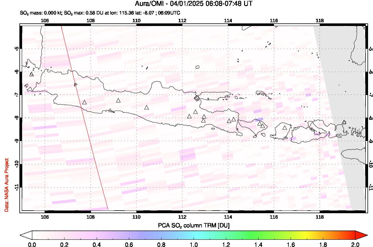 A sulfur dioxide image over Java, Indonesia on Apr 01, 2025.