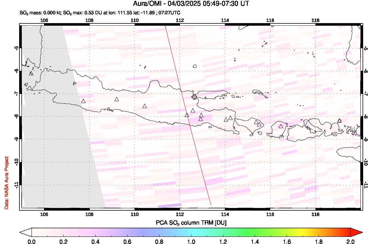 A sulfur dioxide image over Java, Indonesia on Apr 03, 2025.
