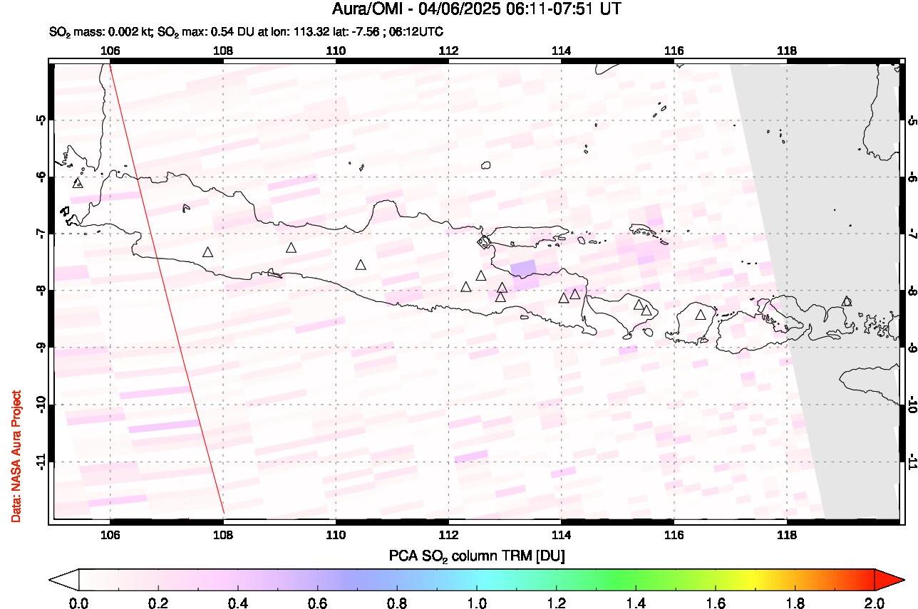 A sulfur dioxide image over Java, Indonesia on Apr 06, 2025.