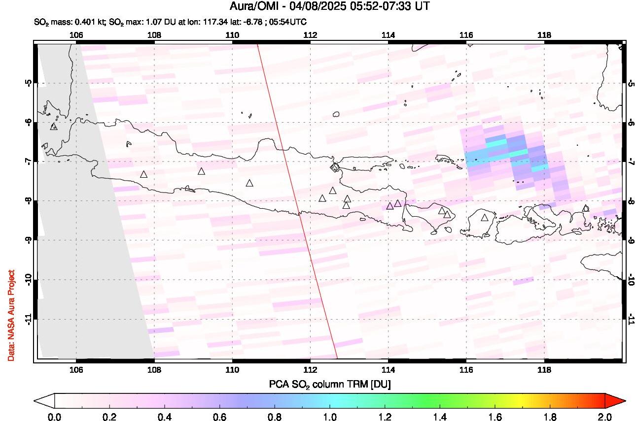 A sulfur dioxide image over Java, Indonesia on Apr 08, 2025.