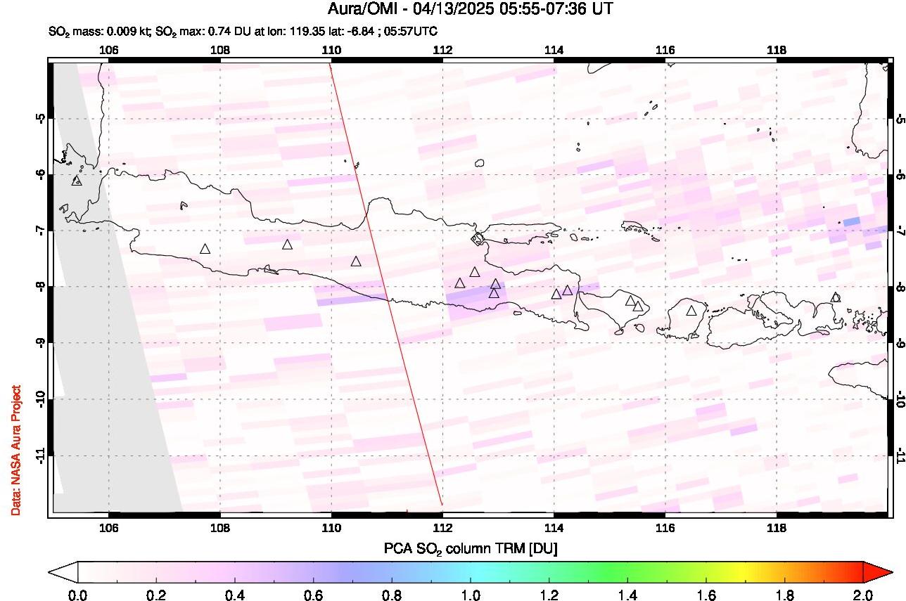 A sulfur dioxide image over Java, Indonesia on Apr 13, 2025.
