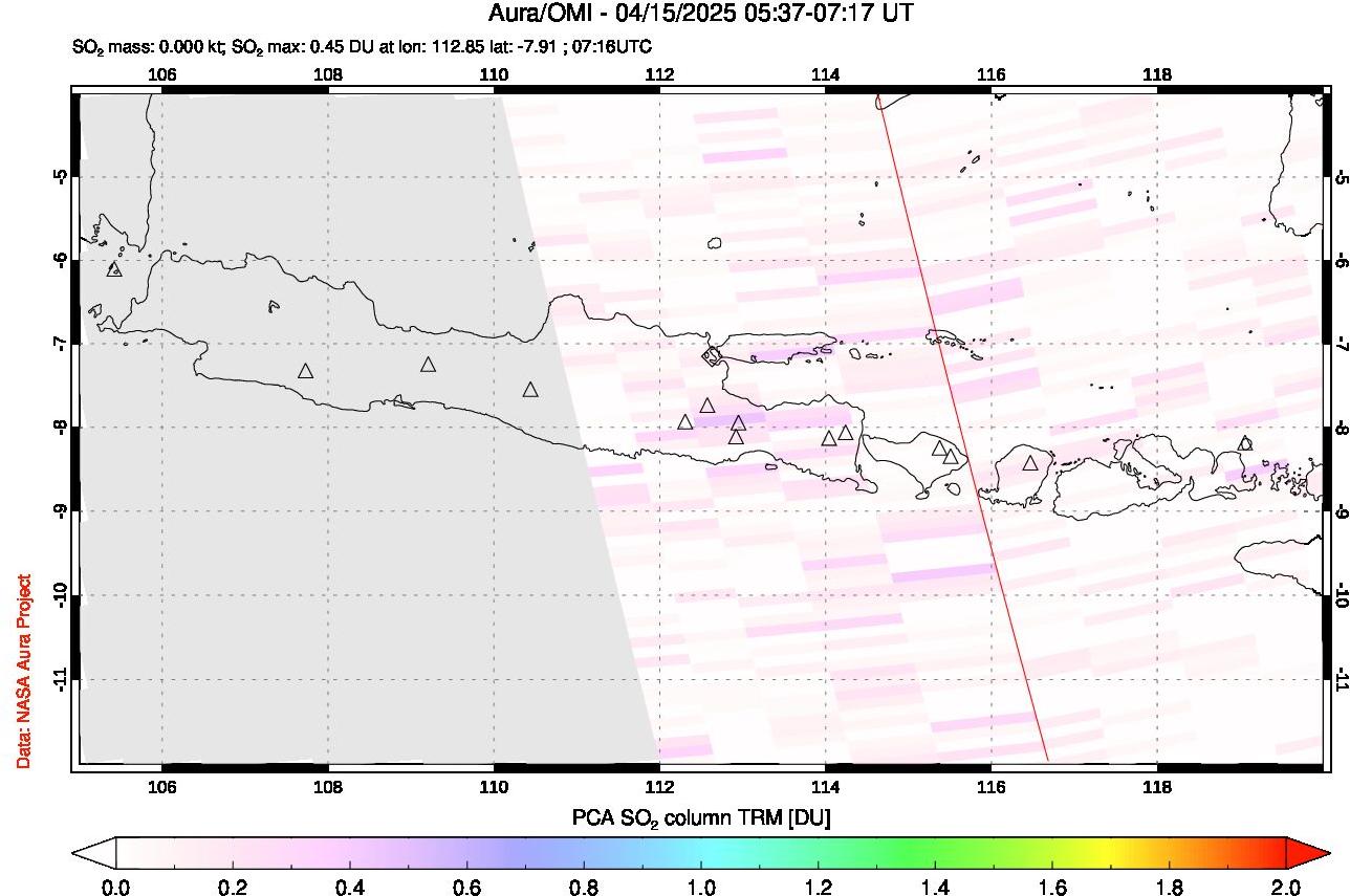 A sulfur dioxide image over Java, Indonesia on Apr 15, 2025.