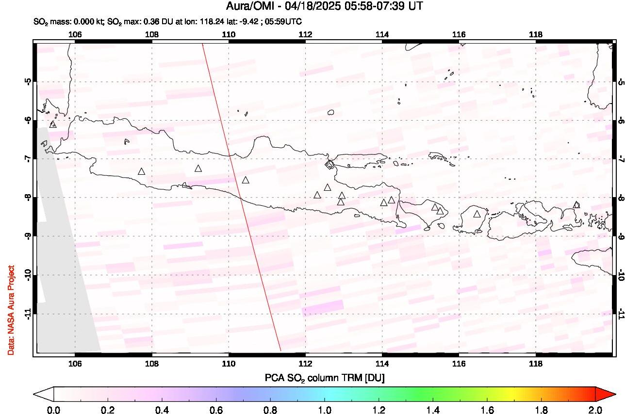 A sulfur dioxide image over Java, Indonesia on Apr 18, 2025.