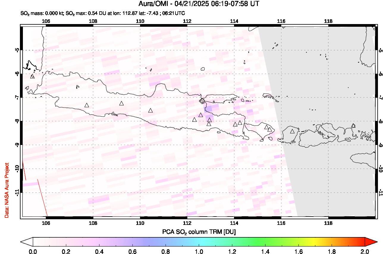 A sulfur dioxide image over Java, Indonesia on Apr 21, 2025.