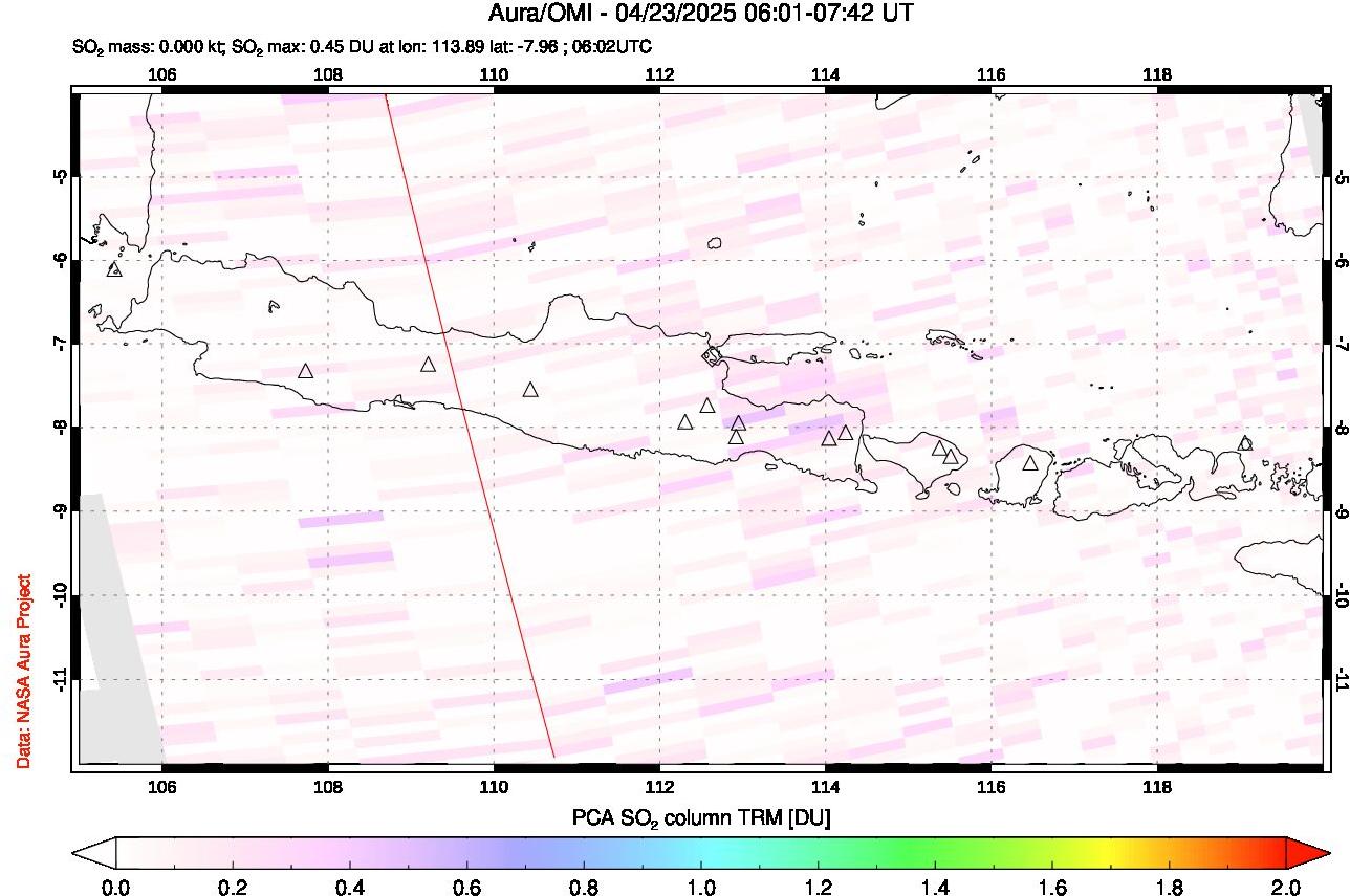 A sulfur dioxide image over Java, Indonesia on Apr 23, 2025.