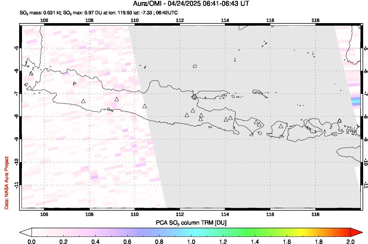 A sulfur dioxide image over Java, Indonesia on Apr 24, 2025.