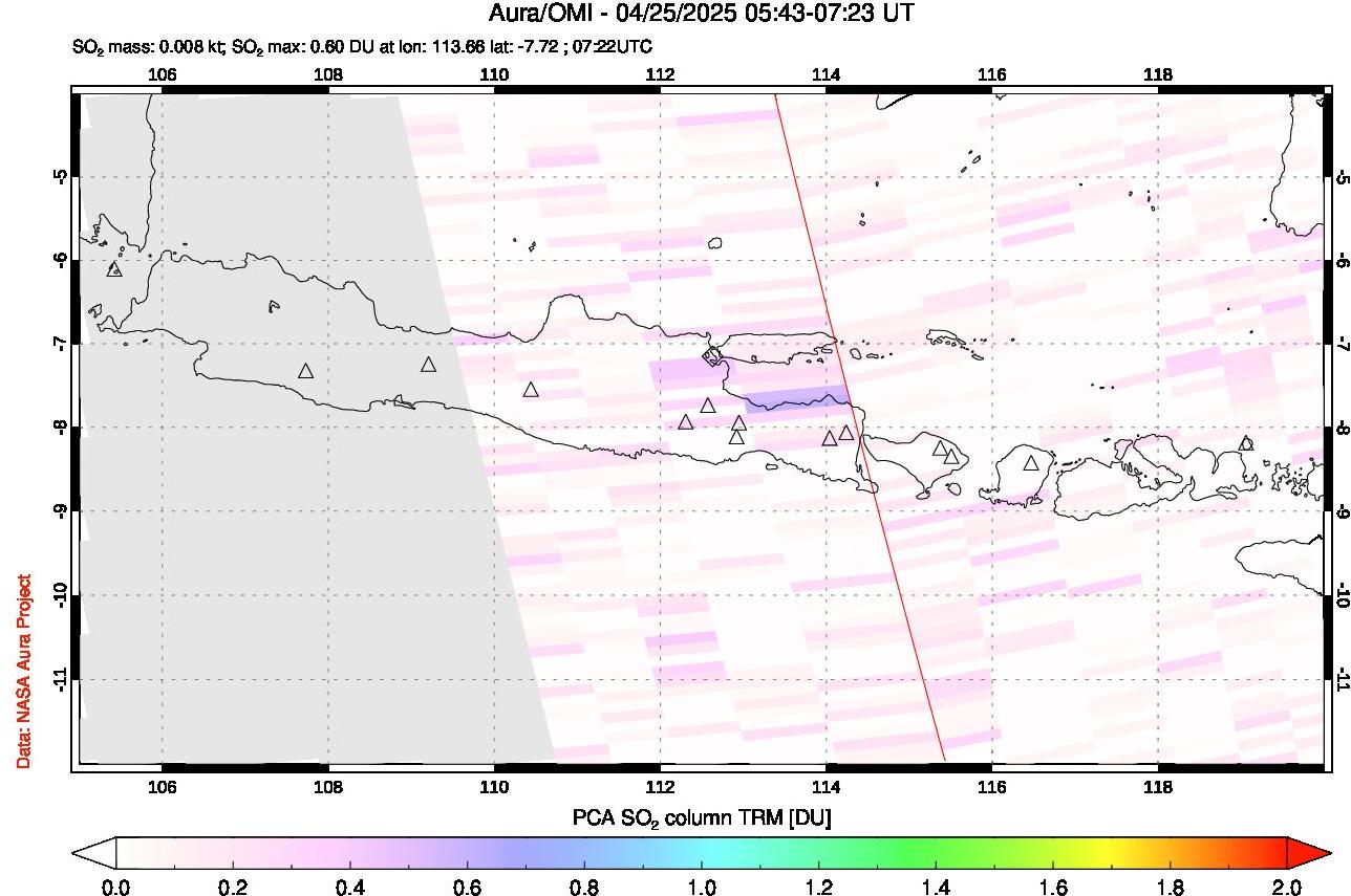 A sulfur dioxide image over Java, Indonesia on Apr 25, 2025.