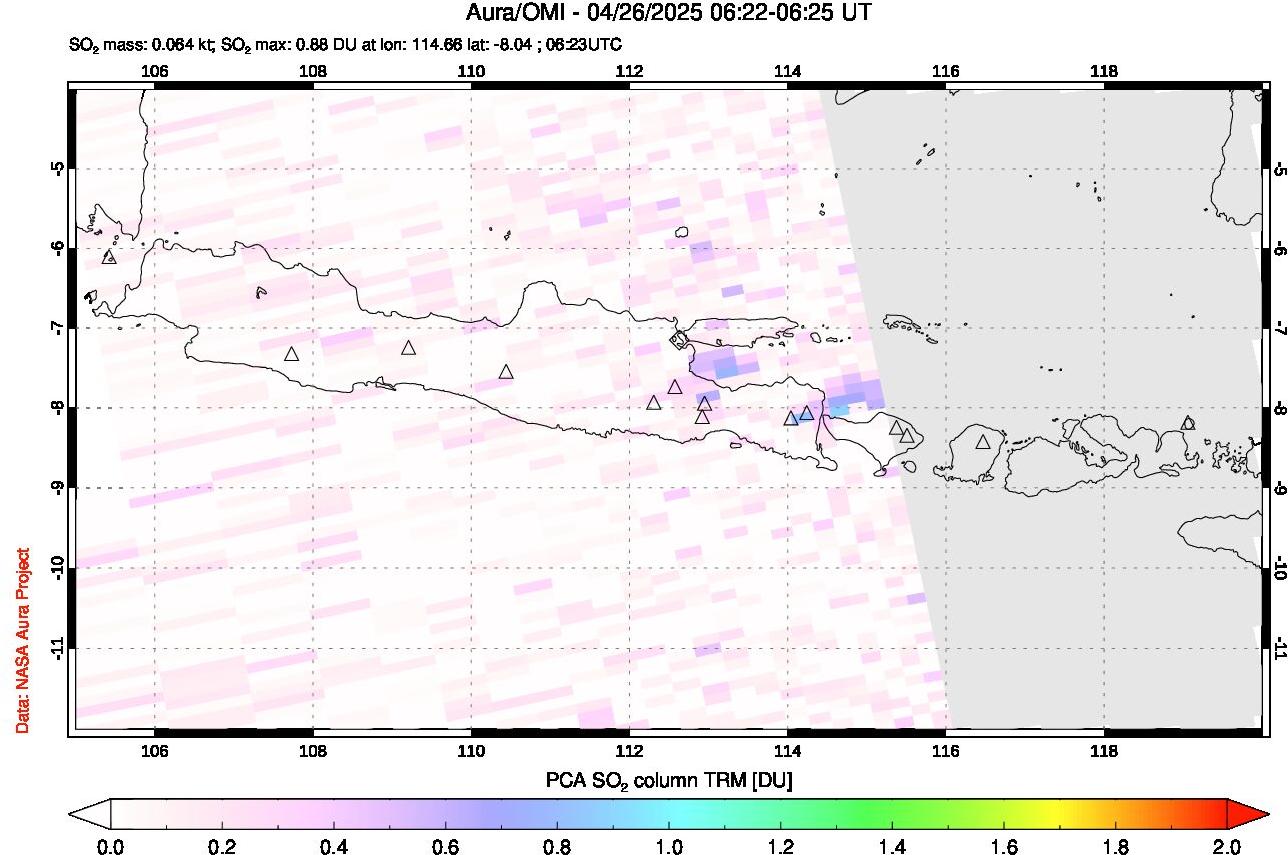 A sulfur dioxide image over Java, Indonesia on Apr 26, 2025.