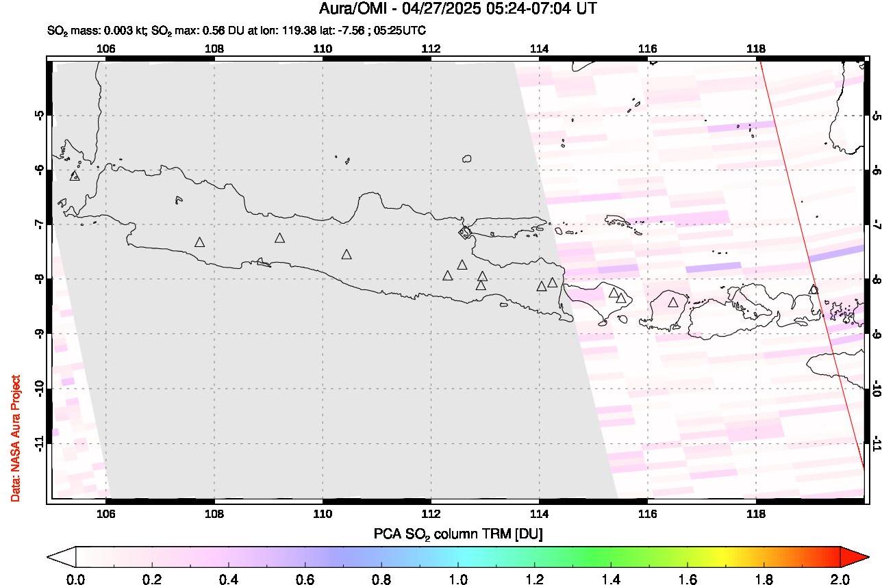 A sulfur dioxide image over Java, Indonesia on Apr 27, 2025.