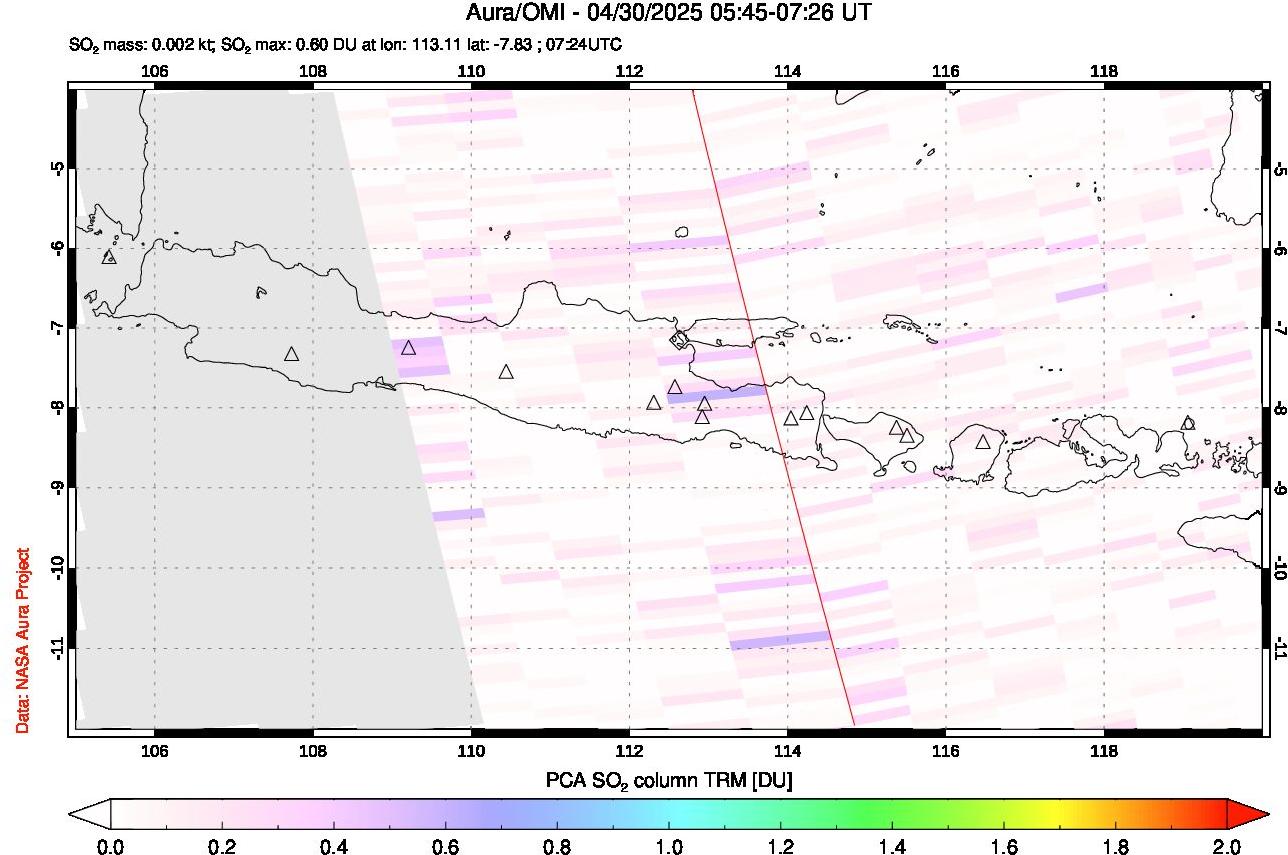 A sulfur dioxide image over Java, Indonesia on Apr 30, 2025.