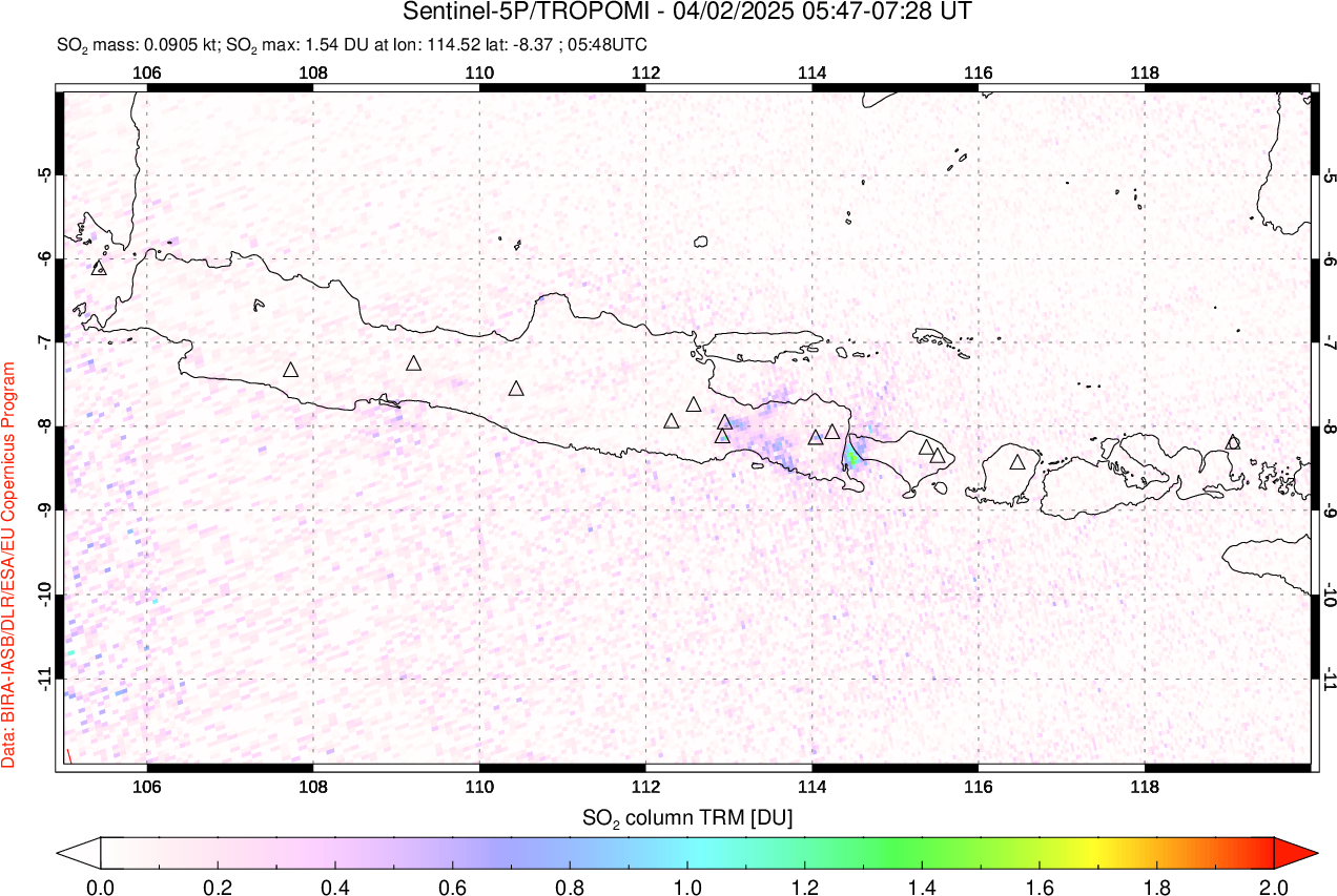 A sulfur dioxide image over Java, Indonesia on Apr 02, 2025.