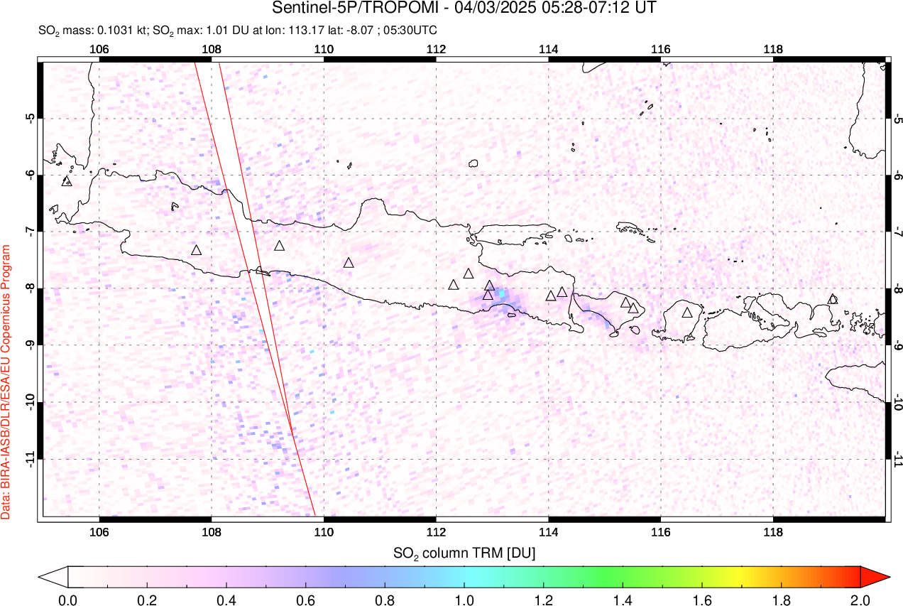 A sulfur dioxide image over Java, Indonesia on Apr 03, 2025.