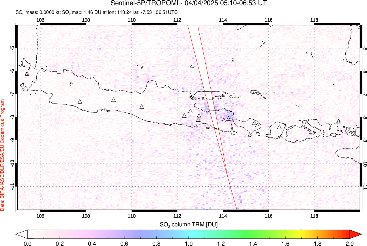 A sulfur dioxide image over Java, Indonesia on Apr 04, 2025.
