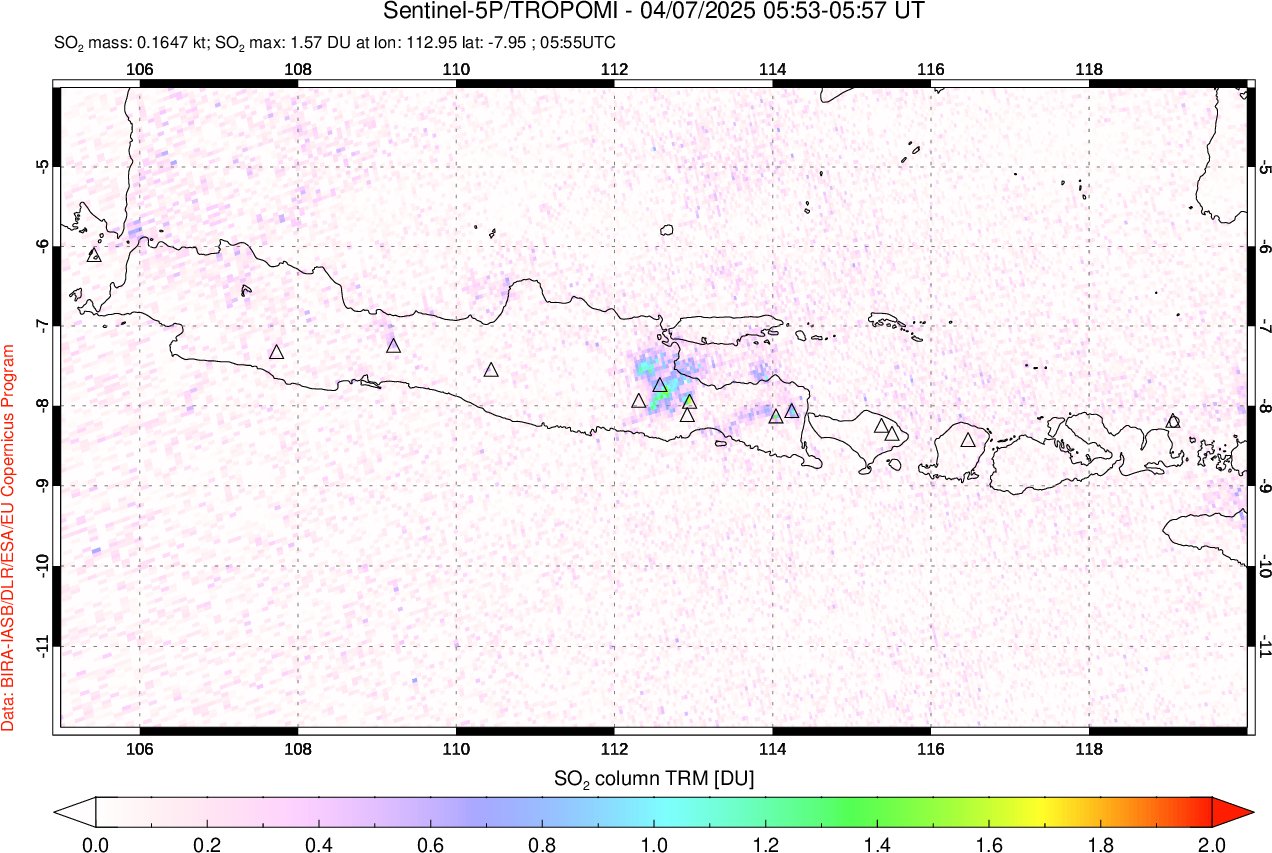 A sulfur dioxide image over Java, Indonesia on Apr 07, 2025.