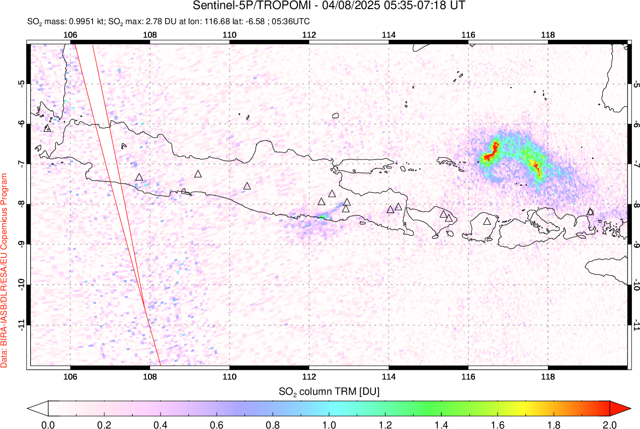 A sulfur dioxide image over Java, Indonesia on Apr 08, 2025.