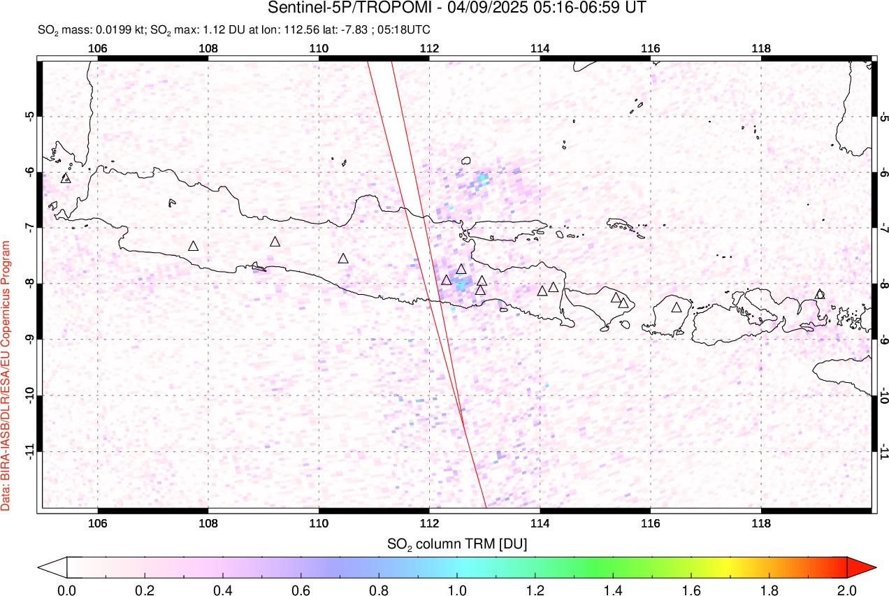 A sulfur dioxide image over Java, Indonesia on Apr 09, 2025.