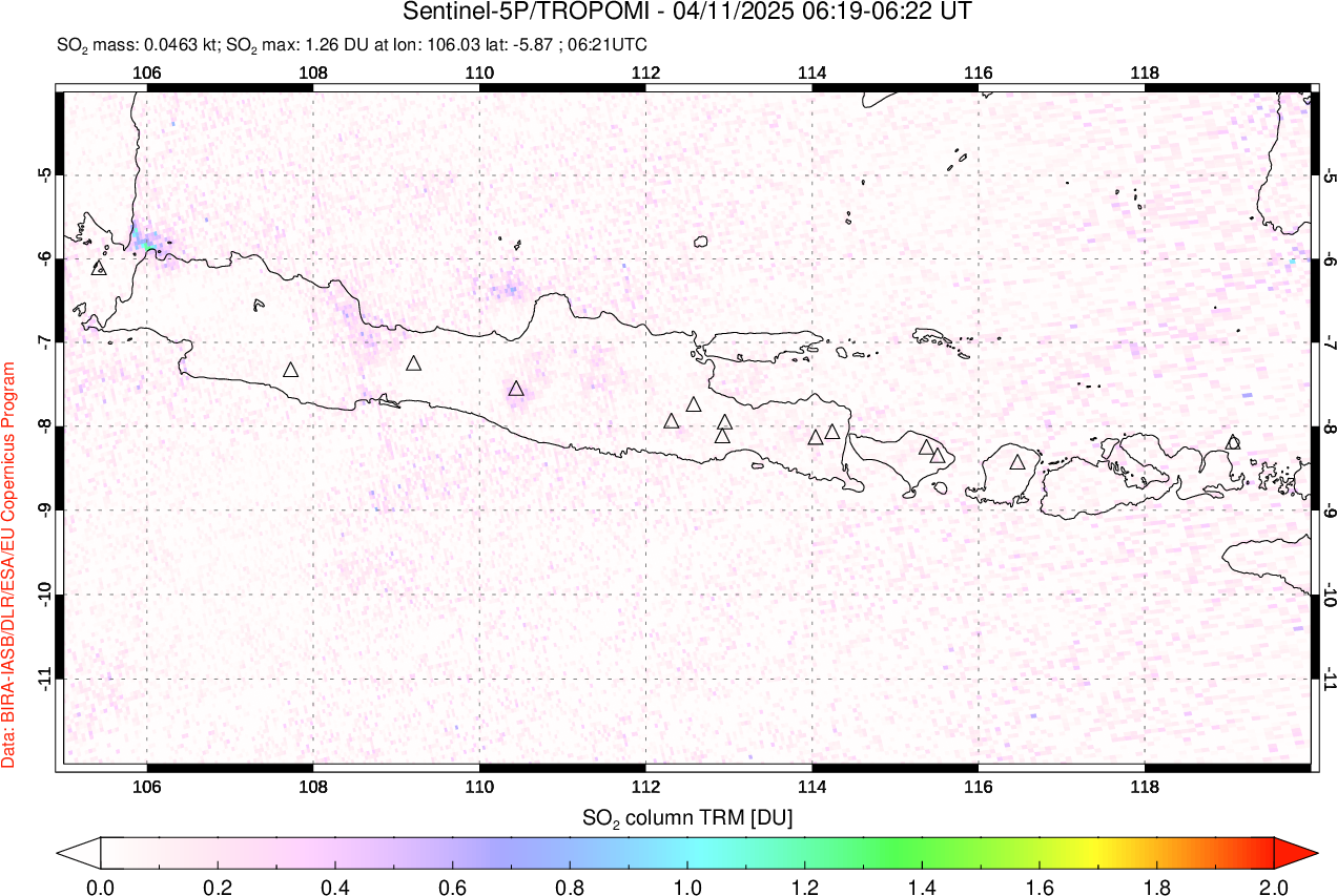 A sulfur dioxide image over Java, Indonesia on Apr 11, 2025.