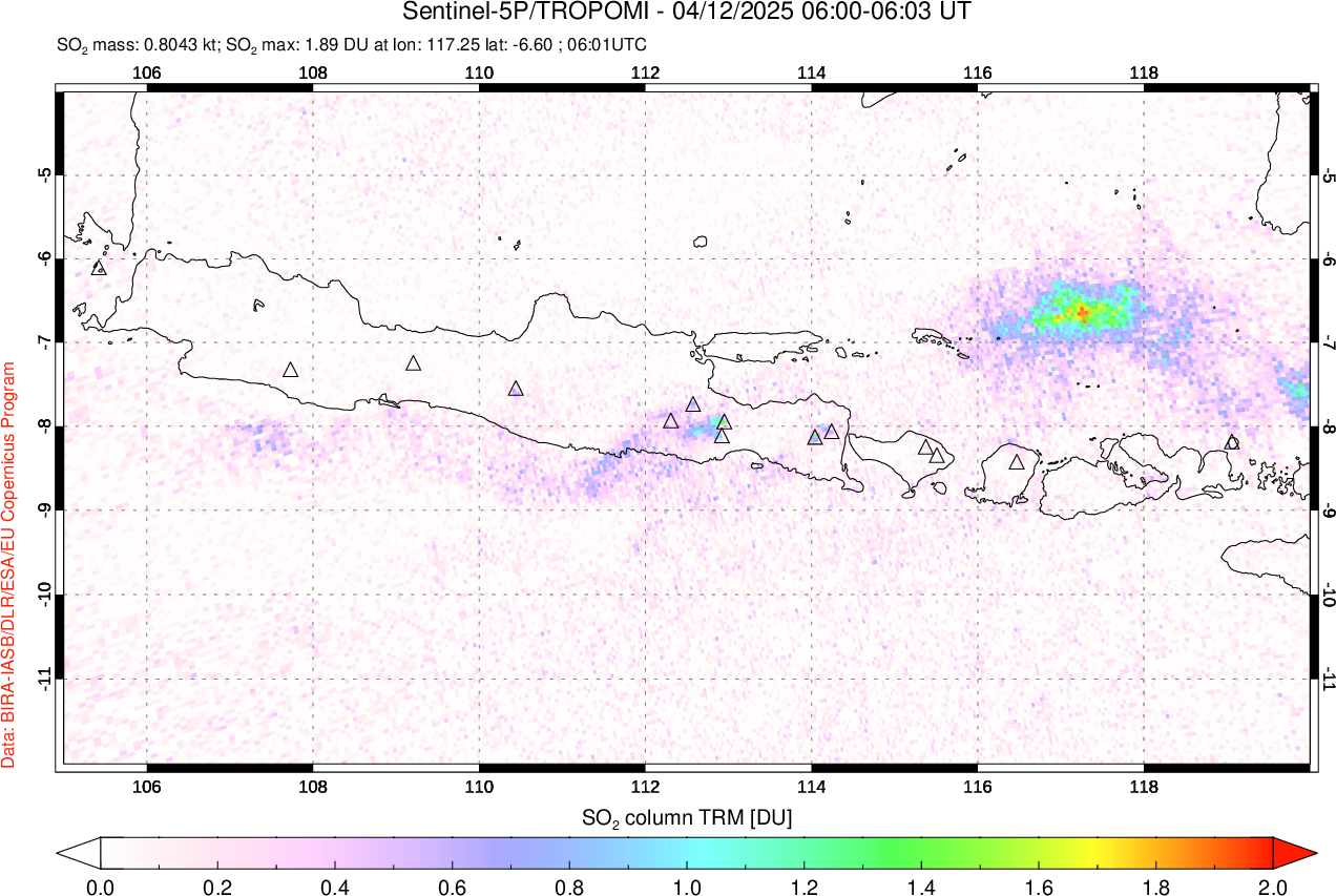 A sulfur dioxide image over Java, Indonesia on Apr 12, 2025.