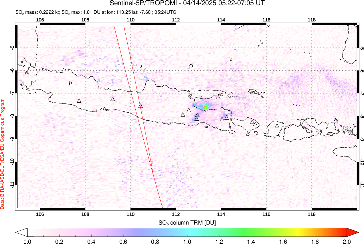 A sulfur dioxide image over Java, Indonesia on Apr 14, 2025.