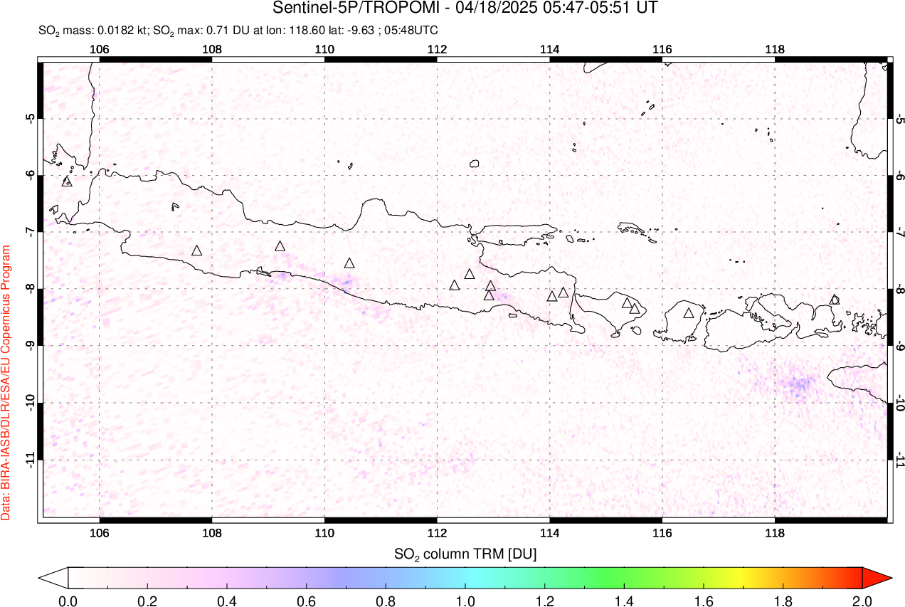 A sulfur dioxide image over Java, Indonesia on Apr 18, 2025.