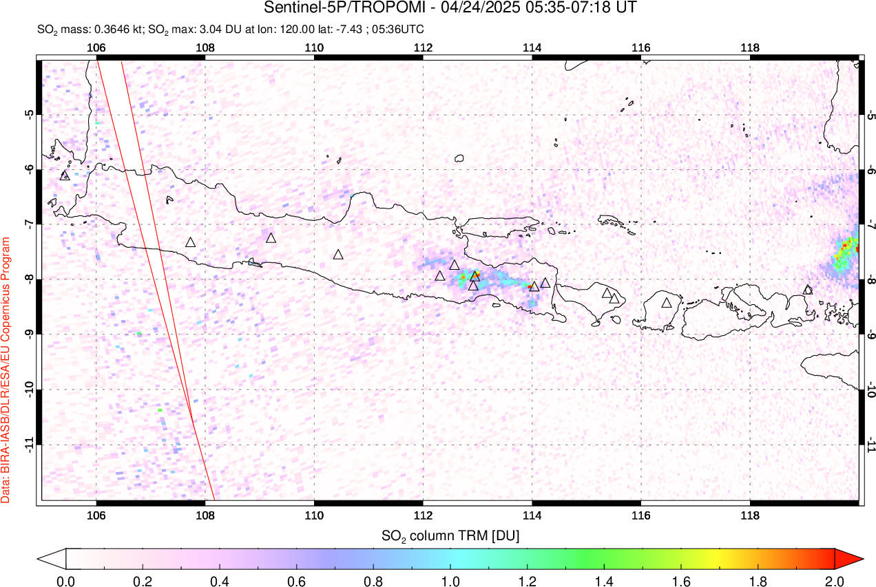 A sulfur dioxide image over Java, Indonesia on Apr 24, 2025.